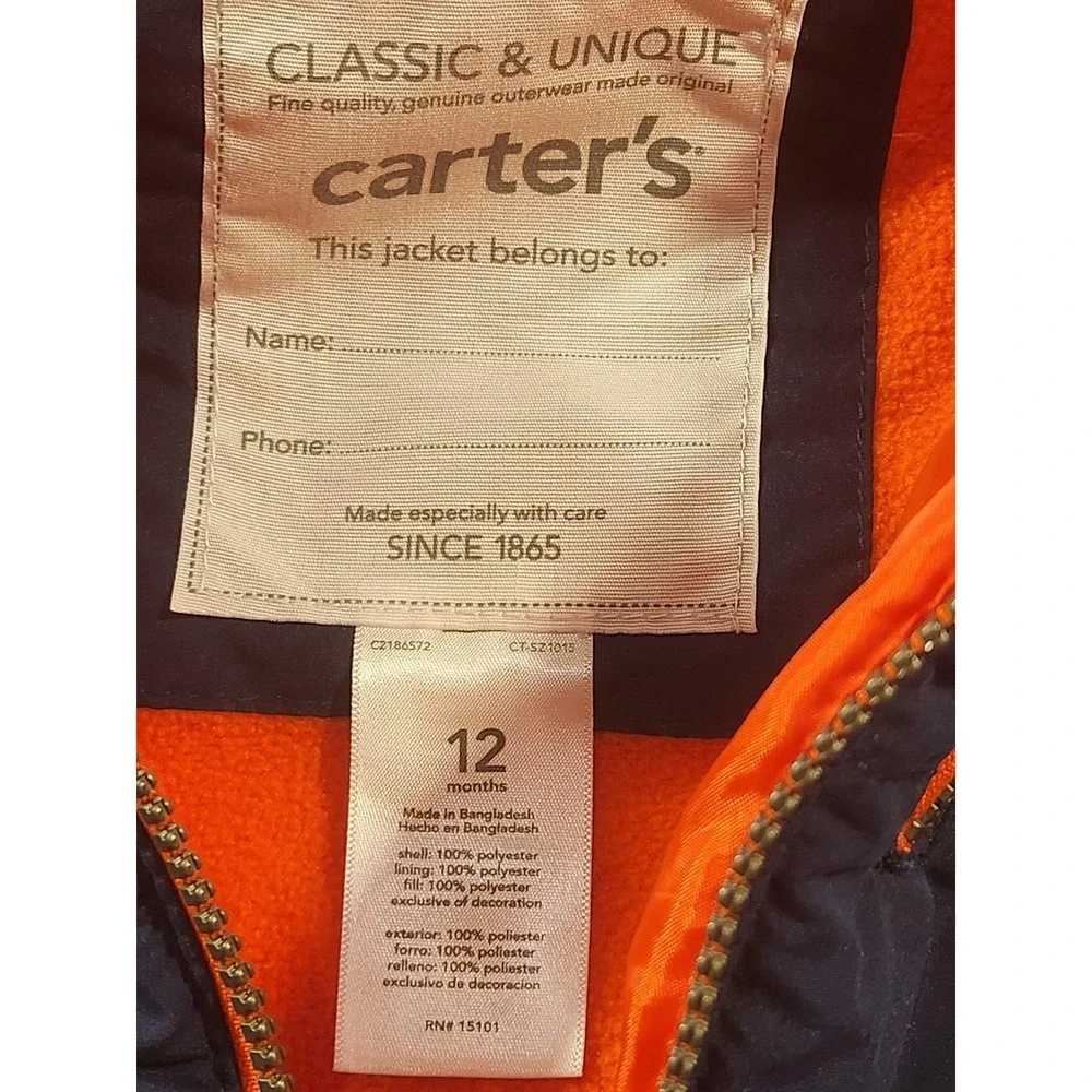 Carter's Jacket Toddler Boys 12M Blue Hooded Fleece Lined‎ Puffer Coat Winter